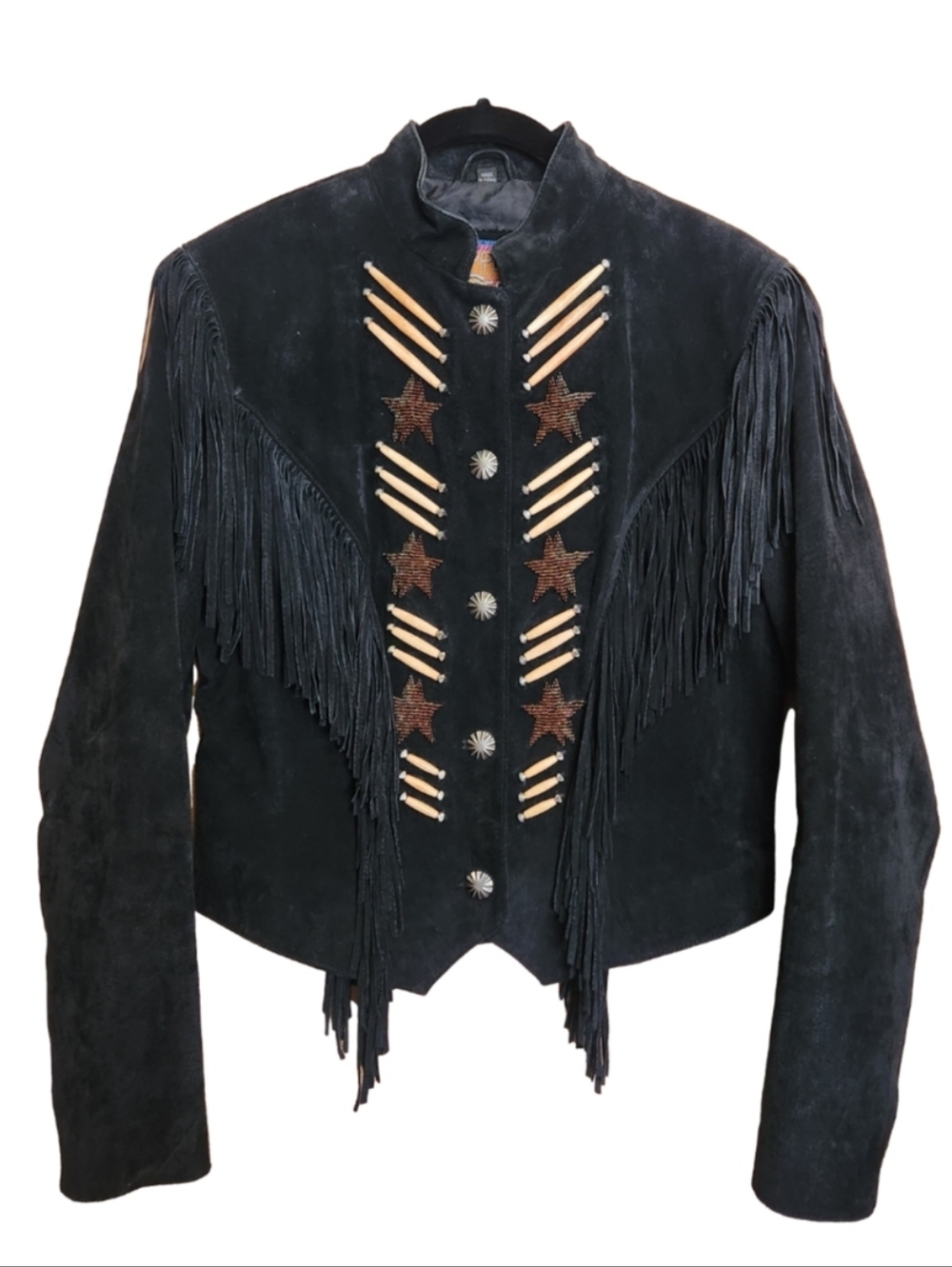 VINTAGE CRIPPLE CREEK BLACK SUEDE LEATHER WESTERN FRINGE BONE BEAD JACKET MEDIUM